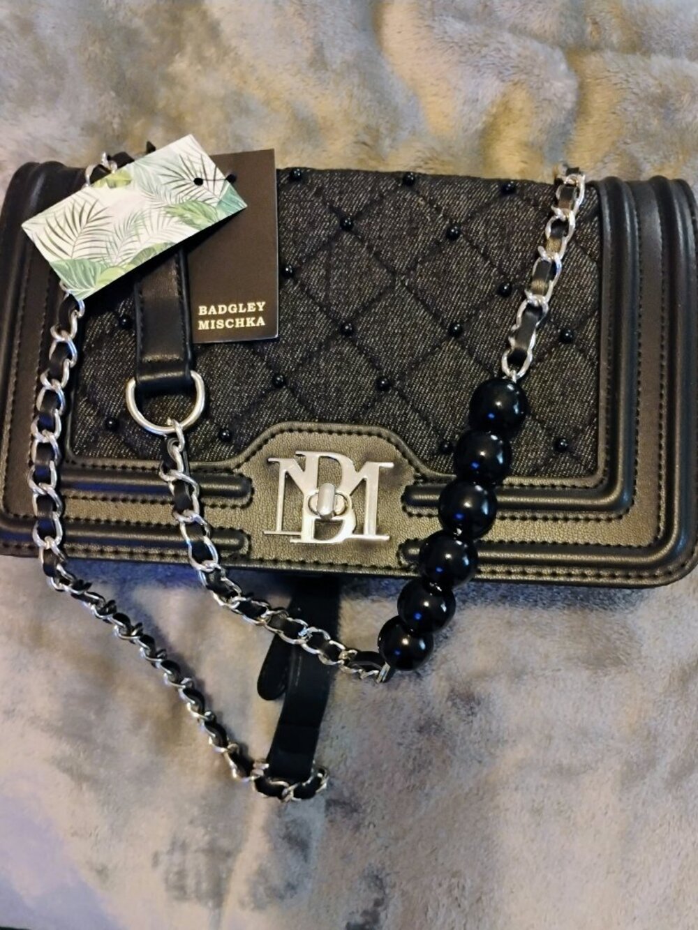 Badgley Mischka black quilted denim & vegan leather w turnlock closure crossbody